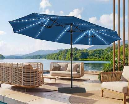 SUPERJARE 15ft Large Patio Umbrella with Base included, Double Sided Outdoor Umbrella with Solar Lights, Pool Umbrella with Fade Resistant Canopy for Deck, Porch, Yard, Balcony, Navy Blue