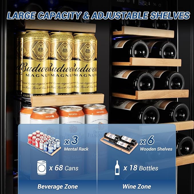 Velivi 24" Black Dual Zone Wine & Beverage Refrigerator | Under Counter Built-In or Freestanding | 18 Bottles & 68 Cans | Glass Door with Lock Large Capacity for Beer Wine Soda Drinks
