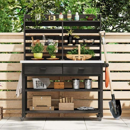 65 Inch Outdoor Potting Bench with Stainless Steel Top, Black | Black fir wood, stainless steel top, garden or patio, upper hutch, 2 drawers, towel rack, lockable wheels, 52 in L