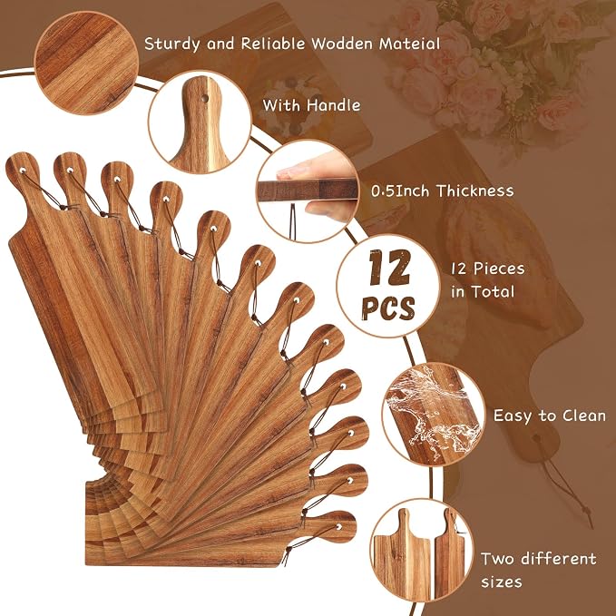 12 Pcs Acacia Wood Cutting Board Set with Handle, Bulk Chopping | Large Serving Boards for Charcuterie, Engraving Ready, 16x10 & 16x5 Inch, Wedding Housewarming Gifts, Natural Acacia Wood