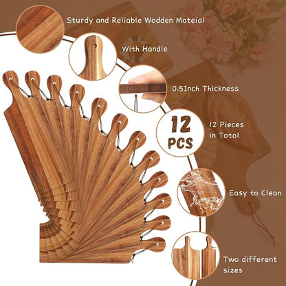 12 Pcs Acacia Wood Cutting Board Set with Handle, Bulk Chopping | Large Serving Boards for Charcuterie, Engraving Ready, 16x10 & 16x5 Inch, Wedding Housewarming Gifts, Natural Acacia Wood