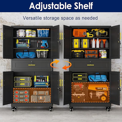 erosoei 75" H Metal Garage Storage Cabinet, Rolling Tool Cabinet with 2 Doors and Wheels, Locker Steel Cabinet with 4 Adjustable Shelves and Drawer, Organization Cabinet for Garage,Office,Home,Gym