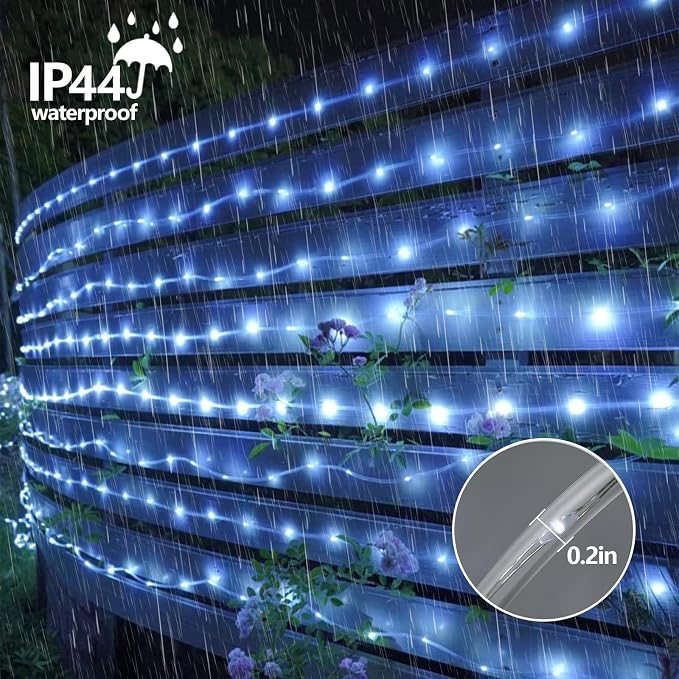 YEGUO Solar Rope Lights Outdoor Waterproof, 66ft 200 LED White String Lights, 8 Modes Fairy Lights in Clear Thin Tube