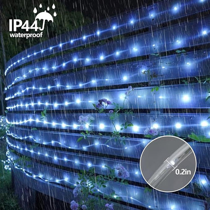 YEGUO Solar Rope Lights Outdoor Waterproof, 66ft 200 LED White String Lights, 8 Modes Fairy Lights in Clear Thin Tube