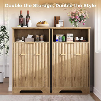 Fluted Buffet Cabinet with Storage, Modern Coffee Bar Cabinet | With Drawer & Adjustable Shelf, Wood Sideboard Cabinet for Kitchen, Bathroom, Entryway and Living Room Natural