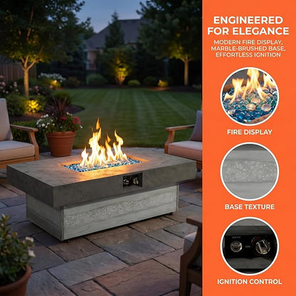 48 Inch Propane Fire Pit Table with Adjustable Height – 50,000 BTU Outdoor Gas Firepit for Patio Deck, 2 Height Levels, Electronic Ignition & Modern Glass Bead Flames for Outdoor Dining