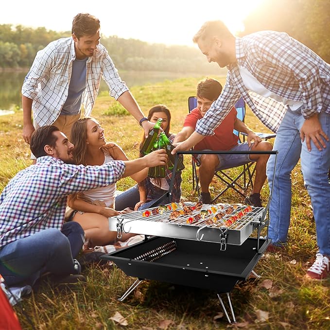 360° Rotating Charcoal Grills,Stainless Steel Flipping Barbecue Grill for Camping BBQ Picnics Beach Party Cooking Outdoor Garden Yard