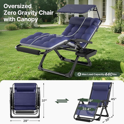Suteck Zero Gravity Chair with Canopy, 29In XL Oversized Lounge Chairs | w/Removable Cushion&Headrest, Upgraded Lock and Footrest, Folding Reclining Patio Chairs Recliner for Indoor Outdoor