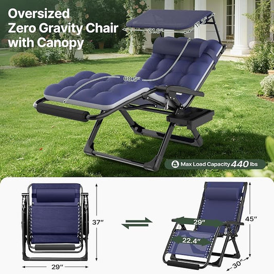 Suteck Zero Gravity Chair with Canopy, 29In XL Oversized Lounge Chairs | w/Removable Cushion&Headrest, Upgraded Lock and Footrest, Folding Reclining Patio Chairs Recliner for Indoor Outdoor
