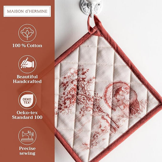 Maison d' Hermine Pot Holders Set 100% Cotton Heat Resistant Potholders 8" x 8" Hot Pads with Loop for Thanksgiving Christmas Decorations BBQ Baking Handling Hot Pans (Pack of 2, Holy Jouy - Brown)