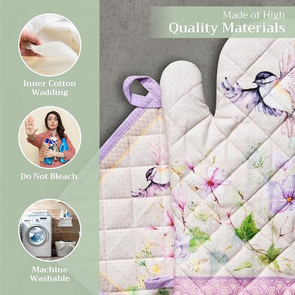 Maison d' Hermine 100% Cotton Oven Mitt & Pot Holder Set (7.5"x13" & 8"x8") Heat Resistant BBQ Cooking Gloves with Loop Baking Grilling Kitchen Hotel Home Farmhouse Spring Summer (Magnolia Mornings)