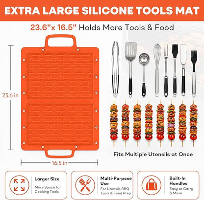 Portable Outdoor Silicone Grill Mat, Foldable Heat-Resistant Table Mat & BBQ Side Shelf Tool Pad with Snap Buttons, Converts into Storage Bag for Utensils and Food, Food-Grade, Non-Slip(Orange)
