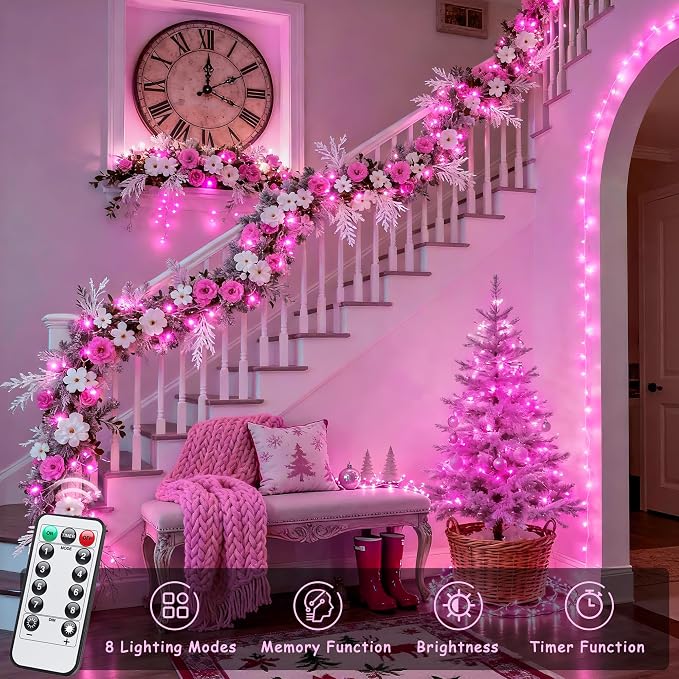 JMEXSUSS 33ft 100 LED Pink Battery Operated Lights with 8 Modes Remote | Pink String Lights Indoor Outdoor, Christmas String Light for Bedroom House Tree Party Porch Decor