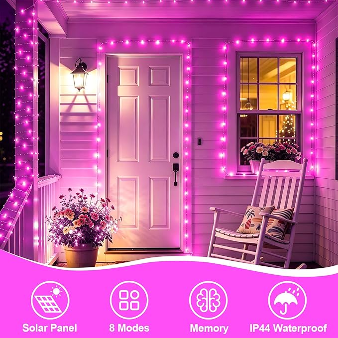 YEGUO 4 Pack Pink Solar Fairy Lights, Each 33ft 100 LED Christmas Lights Outdoor Waterproof, 8 Modes Sliver Wire Solar String Lights