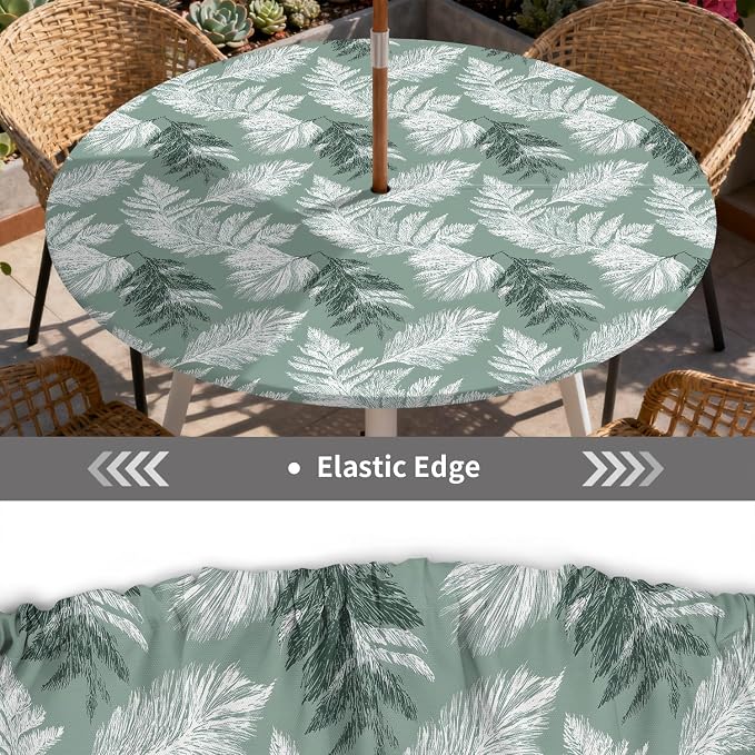 Outdoor Tablecloth with Umbrella Hole and Zipper Fits 49-52" Tables | Waterproof Round Fitted Tablecloth with Elastic Edge, Wipeable Outdoor Table Cover for Patio, Garden, Picnic