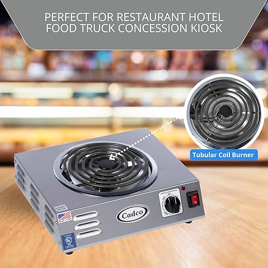 Cadco CSR-3T 14" Electric Portable Countertop Hi-Power Hot Plate with One Tubular Burner, Stainless Steel, 220 Volts