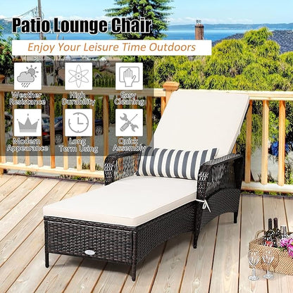 COSTWAY PE Rattan Chaise Lounge Chair, 6 Gear Adjustable Recliner with Armrest & Pillow, Wicker Outdoor Furniture for Deck, Patio (1, Brown)
