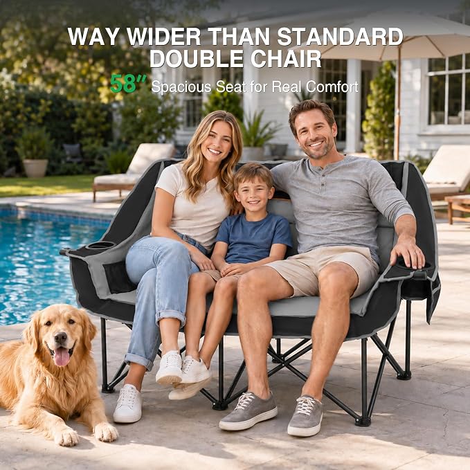 HOPERAN Double Camping Chair 660lb Camping Couch Oversized Folding Loveseat | 58" Wide Seat, 600D Fabric, 2 Person Camp Chair, Heavy Duty, Side&Rear Pocket, Cup&Wine Glass Holder, for Lawn Patio Beach
