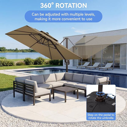 10x10FT Cantilever Outdoor Patio Umbrellas，Double Top Large Square Umbrella Heavy Duty 360°Rotation Offset Outdoor Sun Shade Umbrella for Garden Deck Pool Backyard Patio, Brown