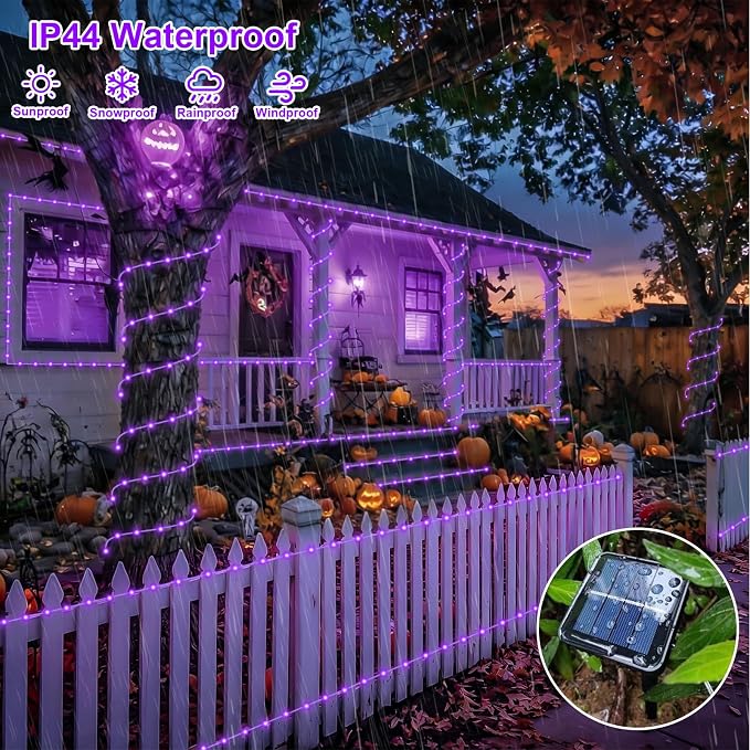 QITONG 2 Pack Solar Halloween Lights, Each 33ft 100 LED Purple String Lights, 8 Modes Clear PVC Tube Light Outdoor Waterproof