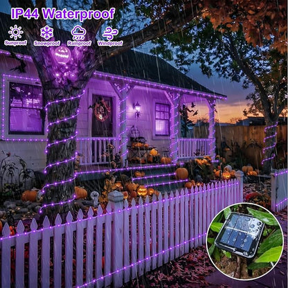 QITONG Purple Solar Halloween Lights, 66ft 200 LED Solar Rope Lights Outdoor, 8 Modes Fairy Lights in Clear Thin Tube