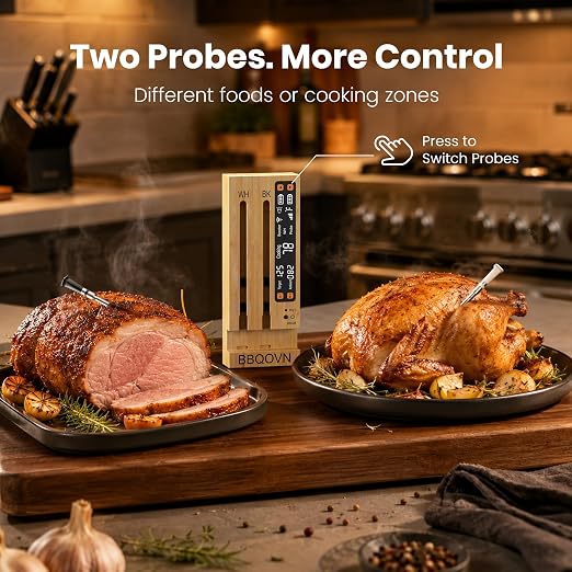WiFi Sub-1G Wireless Meat Thermometer Unlimited Range 7 NIST Certified Sensors with Ambient Temp 2 Temp Monitoring Ways Digital Smart Base and App for BBQ, Smoker, Grill, Oven