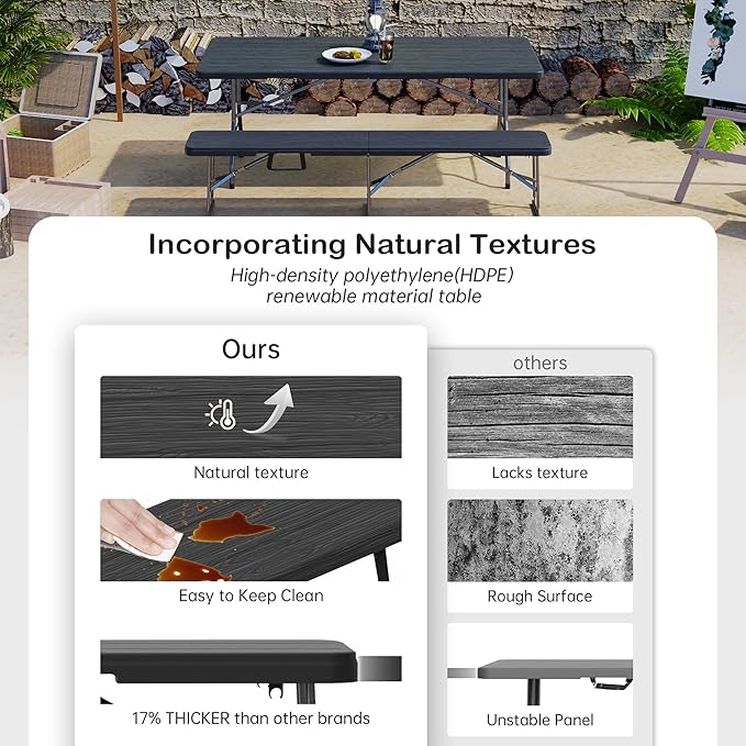 VSOAEIL 6 Foot Folding Bench 2 Pack, Foldable Plastic Bench Indoor Outdoor | 6 Feet Portable Bench Seating with Handle and HDPE Tabletop - Party, Dining, Picnic, Camping, Sports, Temporary Events, Black
