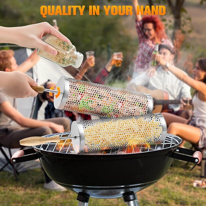 Rolling Grill Baskets,【2025Upgraded】 2Pcs Nesting Grilling Net with Removable Wooden Handle,BBQ Accessories Tools for Vegetables Shrimp,Outdoor Camping Barbecue Rack,Gifts for Men Dad (Stainless Steel,Round)