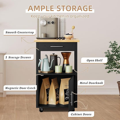 Shintenchi Kitchen Island Cart with Storage,Rolling Kitchen Island Side Table on Wheels with Worktop,Single Door Storage Cabinet and Drawer for Kitchen,Dinning Room, Black