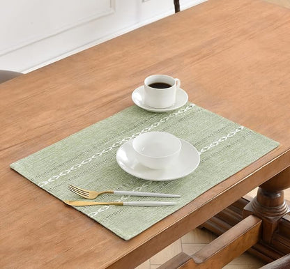 Wracra Cotton Linen Place Mats, Sage Green Embroidered Placemats Set of 4 | Placemats 12 x 18 Inch; Cotton Linen Woven Fabric; Heat Resistant Table Mats; Raised Embroidered Hollow Design