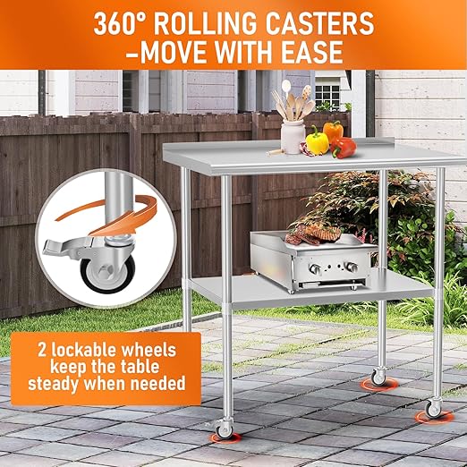 Stainless Steel Prep Table 30" X 36" with Adjustable Undershelf, Backsplash and Wheels, Commercial Metal Workstations for Kitchen, Garage, Home and Hotel