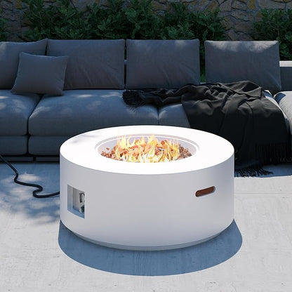 32 inch Round Propane Fire Table, 50,000 BTU Gas FirePit, Patio Fire Pit Table with Steel Lid, Rain Cover, 10ft Propane Hose, Lava Rocks, White