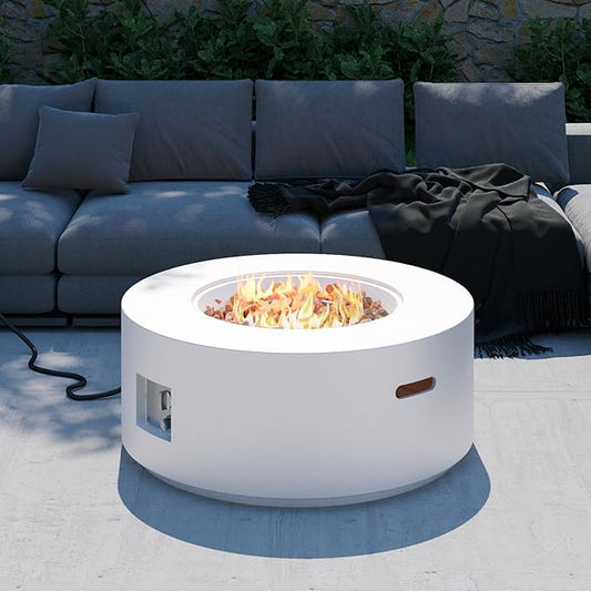 32 inch Round Propane Fire Table, 50,000 BTU Gas FirePit, Patio Fire Pit Table with Steel Lid, Rain Cover, 10ft Propane Hose, Lava Rocks, White