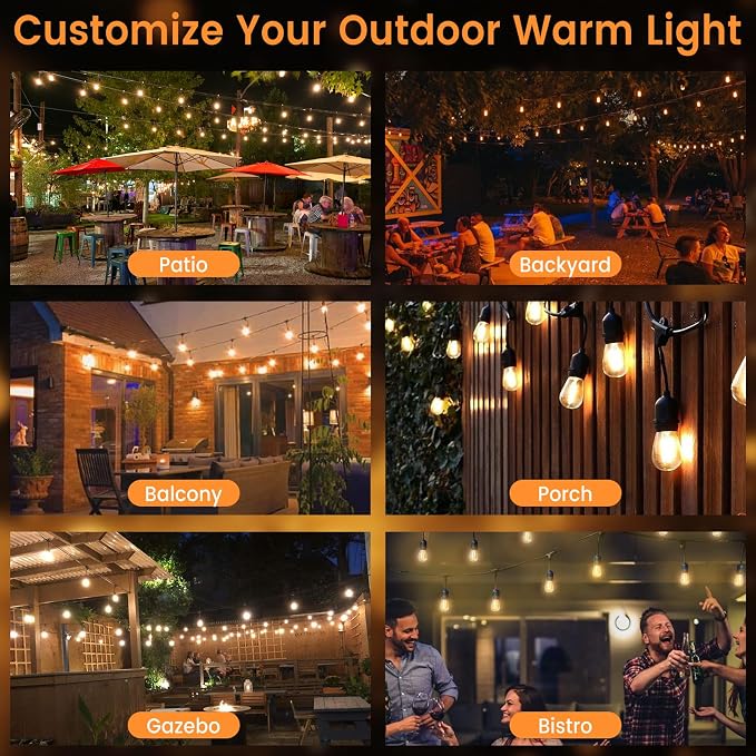 72ft Outdoor String Lights with Remote & Dimmer,36+2 Commercial Grade IP65 Waterproof Bulbs, 2700K Warm White,3 Lighting Modes & Timer,Includes 40 Cable Ties for Patio,Garden, Party