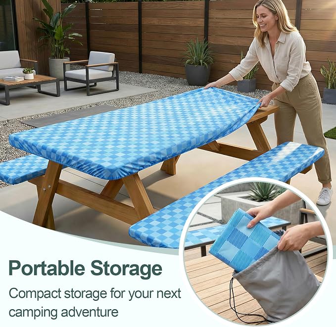 Picnic Table Cover with Bench Covers Camping Essentials Waterproof Windproof Camping Tablecloth with Drawstring Bag, Fitted Rectangle Tables and Seats, 72in, Blue | Waterproof Vinyl for Outdoor, Windproof Elastic Fitted Edges, RV BBQ Accessories Must H...
