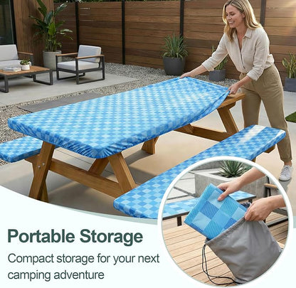 Picnic Table Cover with Bench Covers Camping Essentials Waterproof Windproof Camping Tablecloth with Drawstring Bag, Fitted Rectangle Tables and Seats, 72in, Blue | Waterproof Vinyl for Outdoor, Windproof Elastic Fitted Edges, RV BBQ Accessories Must H...