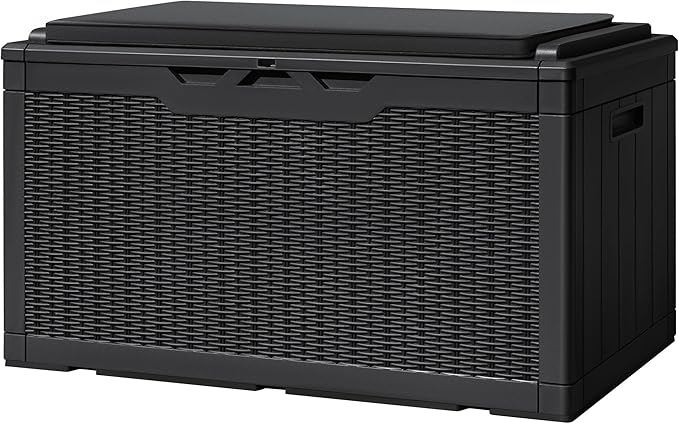Greesum 100 Gallon Resin Deck Box Large Outdoor Storage with Cushions for Patio Furniture, Garden Tools, Pool Supplies, Weatherproof and UV Resistant, Lockable, Black