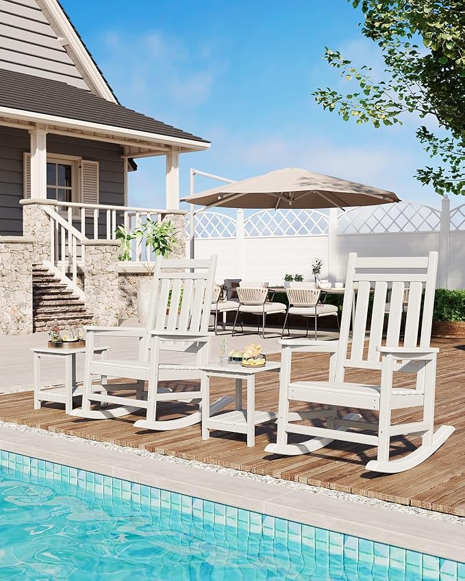 Garvee HDPE Rocking Chair Outdoor Set of 4 with 2 Side Table - Poly High Back Porch Rocker Chairs for Adults - All Weather Resistant Furniture for Patio Front Porch - White