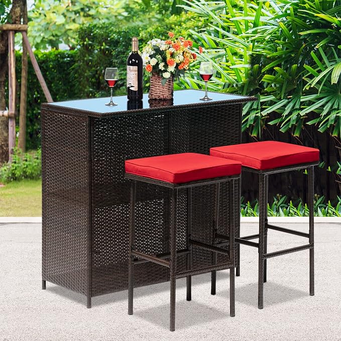 Outdoor Furniture Set Wicker Bistro Set 3PCS Patio Bar Set with Two Stools for Patio Backyard Balcony,Red Cushion