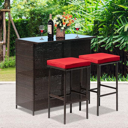Outdoor Furniture Set Wicker Bistro Set 3PCS Patio Bar Set with Two Stools for Patio Backyard Balcony,Red Cushion