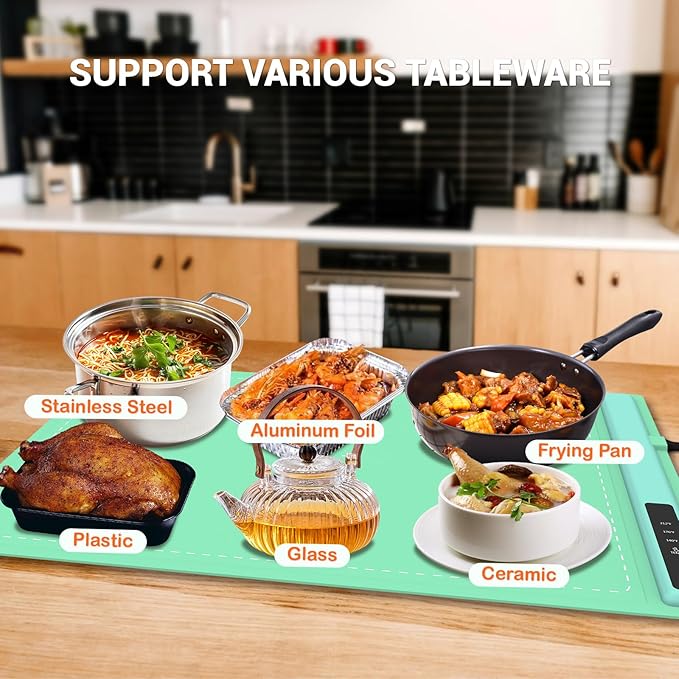 Electric Warming Tray - 3 Modes &Full Surface Heating,Rollable & Portable,Premium Silicone Nano-Material,3 Temperature Settings,Auto Shut-Off -Versatile Food Warmer for Gatherings,Parties (Green)