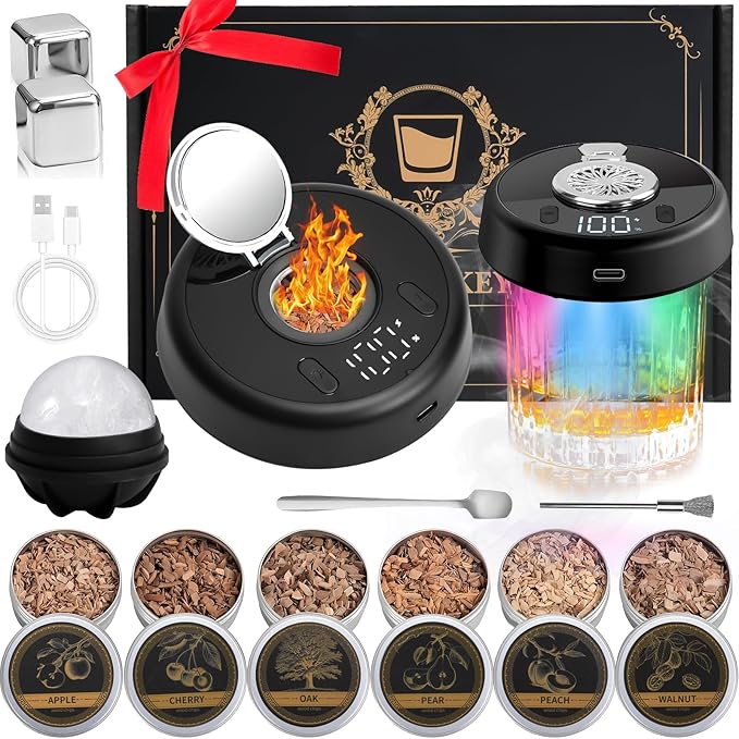 Electric Whiskey Smoker Kit with 7-Color Lights, 6 Flavors Wood Chips Cocktail Shaker with Sphere Ice Mold & Stainless Steel Ice Cubes, Old Fashioned Smoker for Father's Day, Gifts for Him