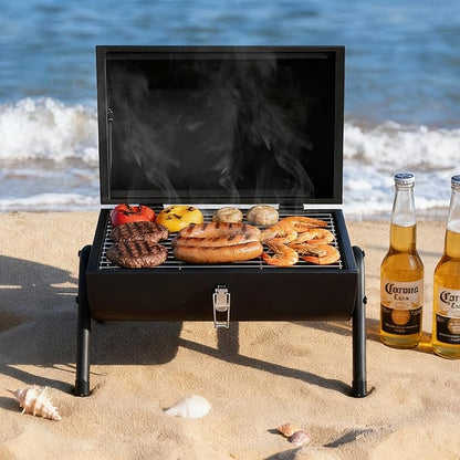 Royal Gourmet CC1015W Portable Charcoal Grill, 147 sq. in. Cooking Grid, Wooden Handle, Tabletop BBQ Grill for Outdoor Barbecue, Camping, Picnic, Backyard, Patio, Black