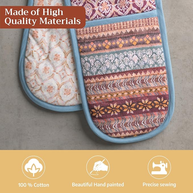 Maison d' Hermine Double Oven Mitts 100% Cotton Double Oven Glove (7"x35") | Heat Resistant BBQ Cooking Gloves with Loop Baking Kitchen Home Hotel Farmhouse Thanksgiving Christmas - Fair Isle