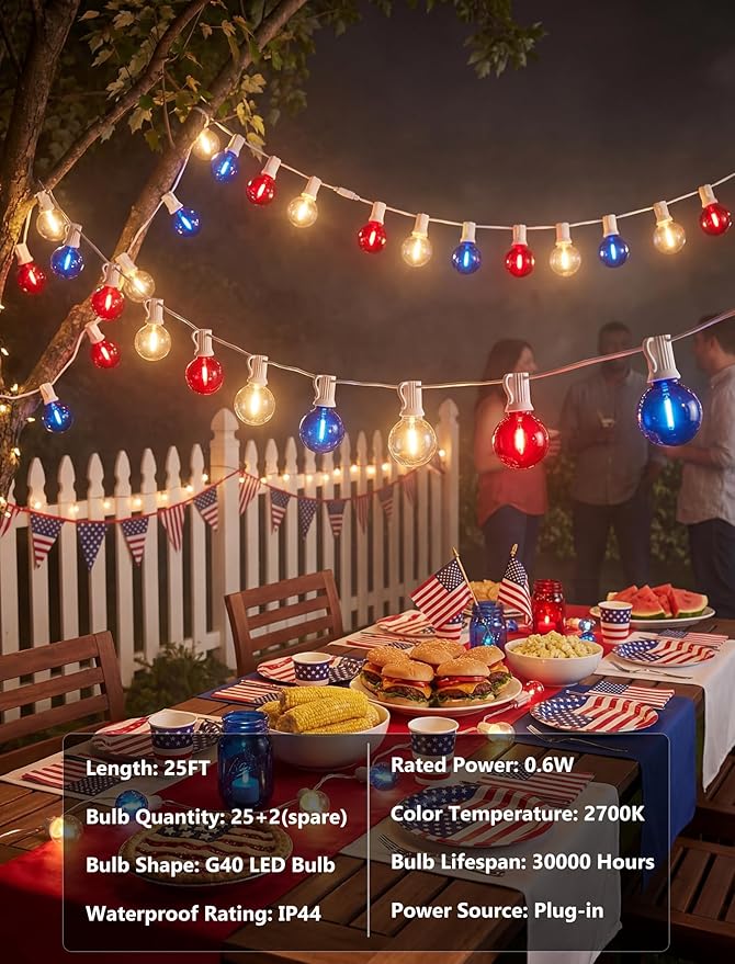 25Ft G40 LED Red White and Blue String Lights Outdoor,4th of July Decoration Lights with 27 LED Shatterproof Globe Bulbs, Hanging Patio Patriotic String Lights for Backyard Party Independence Day