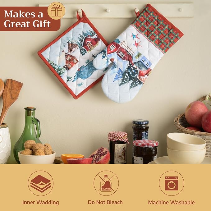 Maison d' Hermine Pot Holders 100% Cotton Potholders (8" x 8", Pack of 1) | Heat Resistant Hot Pads with Loop BBQ Cooking Baking Hotel Kitchen Handling Hot Pans Thanksgiving Christmas - Megeve