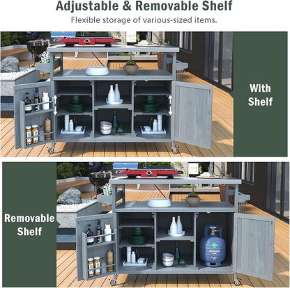 50.25" Outdoor Kitchen Island, Rolling Bar Cart & Storage Cabinet, Farmhouse Solid Wood Grill Table with Stainless Steel Top, Spice Rack, Towel Rack for Kitchen & Barbecue