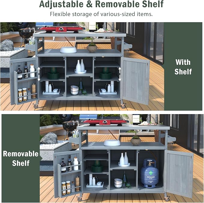 Outdoor Kitchen Island, Rolling Bar Cart & Storage Cabinet, Farmhouse Solid Wood Outdoor Grill Table with Stainless Steel Top, Spice Rack, Towel Rack for Kitchen & Barbecue, Grey Blue