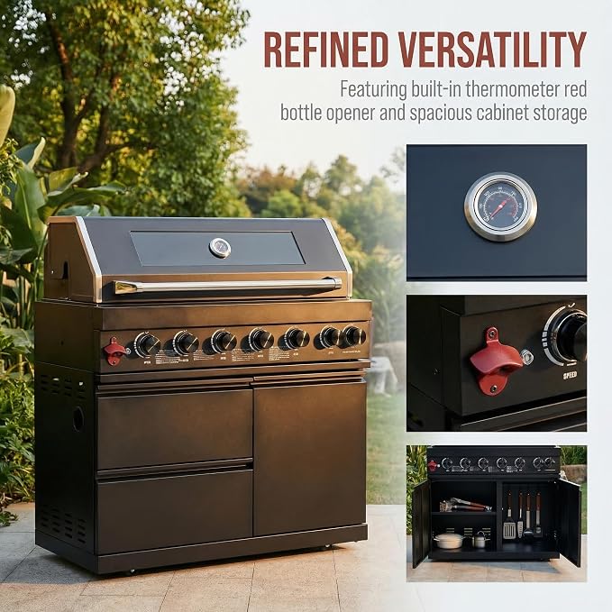 43 Inch Outdoor Kitchen Island, 6-Burner Propane Stainless Steel BBQ with Rear Burners, For Backyard BBQ, Black