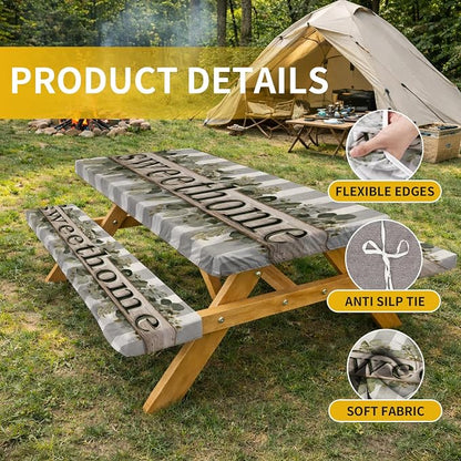 Picnic Table Cover with Bench Covers, 72 X 30 Inch Elastic Fitted Camping Tablecloth with Strap Design for 6FT Rectangle Tables, Windproof Outdoor Tablecloth Set with Storage Bag